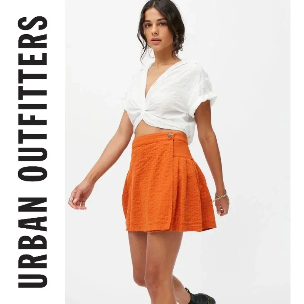 URBAN OUTFITTERS Orange Seersucker Wrap Mini Skirt, Linen Blend, Pleated Back, S - Picture 2 of 15